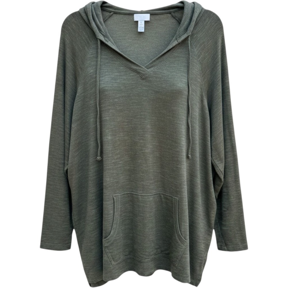 Sunday Woman Hoodie Olive Green Space Dye V-Neck Pullover Plus Size 3X